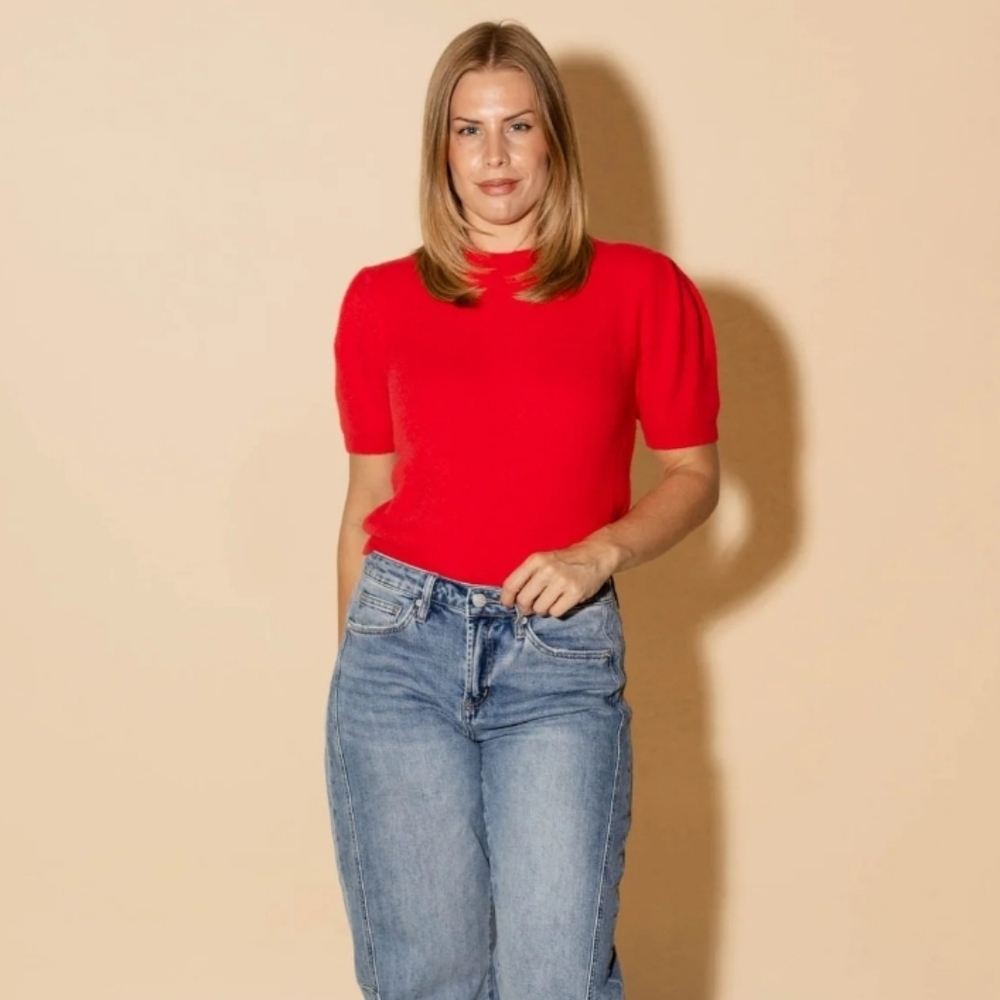 She + Sky Puff Sleeve Sweater | Bright Red | Small